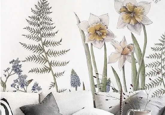 botanical wallpaper with a bee in a living room